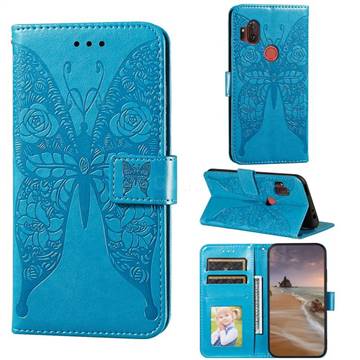 Intricate Embossing Rose Flower Butterfly Leather Wallet Case for Motorola One Hyper - Blue