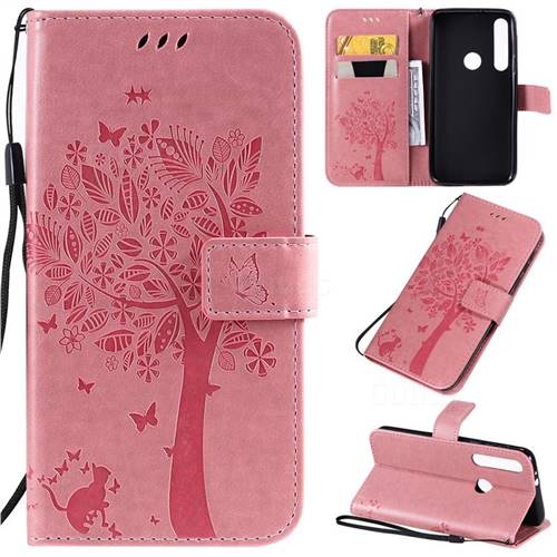 Embossing Butterfly Tree Leather Wallet Case for Motorola One Macro - Pink