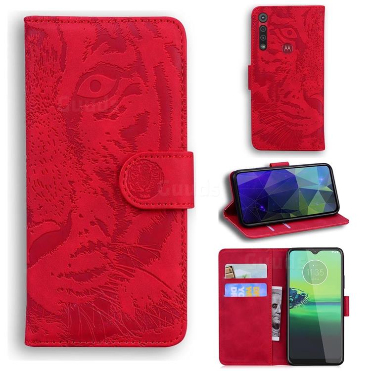 Intricate Embossing Tiger Face Leather Wallet Case for Motorola One Macro - Red