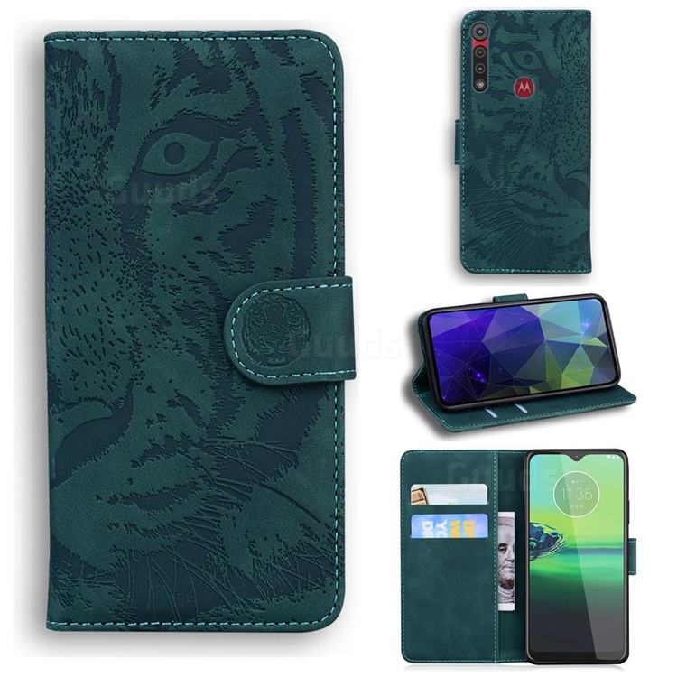 Intricate Embossing Tiger Face Leather Wallet Case for Motorola One Macro - Green