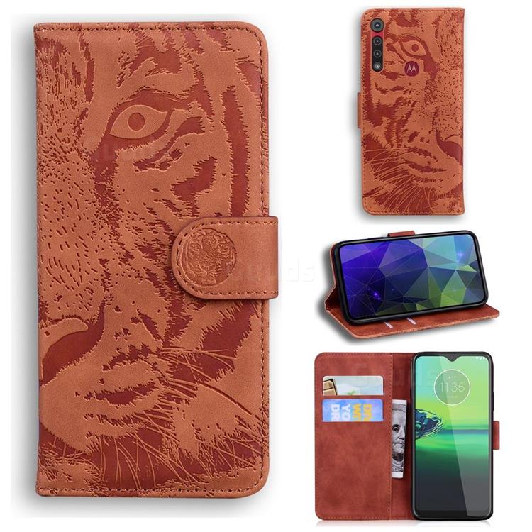 Intricate Embossing Tiger Face Leather Wallet Case for Motorola One Macro - Brown
