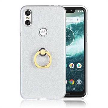 Luxury Soft TPU Glitter Back Ring Cover with 360 Rotate Finger Holder Buckle for Motorola One (P30 Play) - White