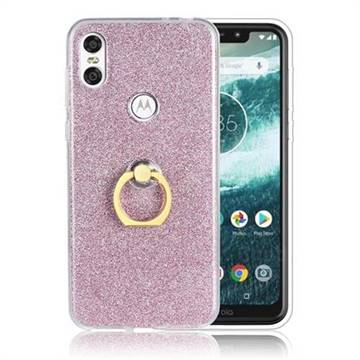 Luxury Soft TPU Glitter Back Ring Cover with 360 Rotate Finger Holder Buckle for Motorola One (P30 Play) - Pink
