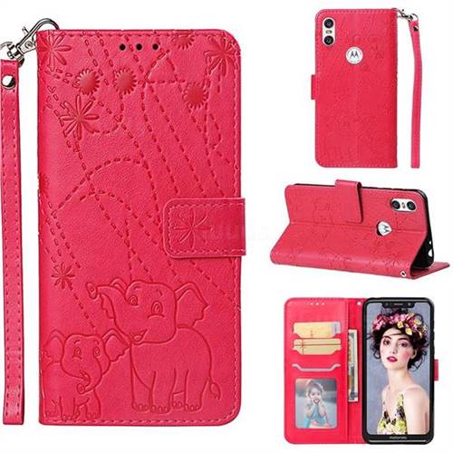 Embossing Fireworks Elephant Leather Wallet Case for Motorola One (P30 Play) - Red