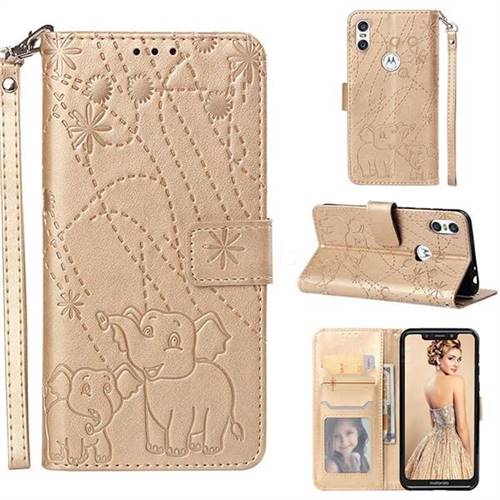 Embossing Fireworks Elephant Leather Wallet Case for Motorola One (P30 Play) - Golden