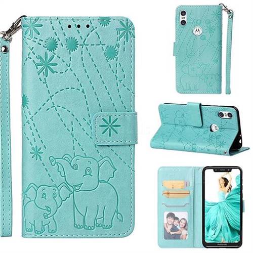 Embossing Fireworks Elephant Leather Wallet Case for Motorola One (P30 Play) - Green