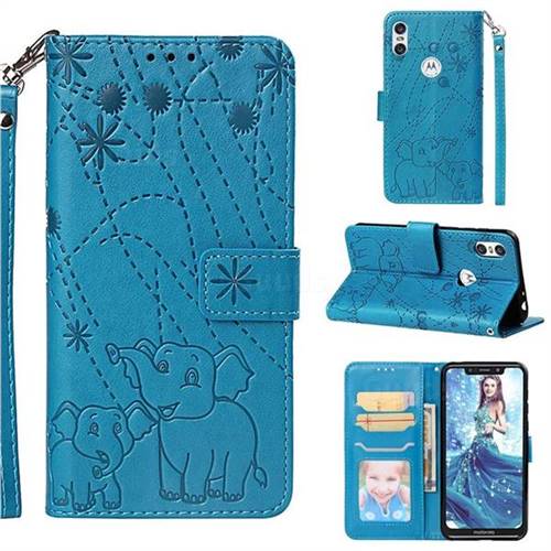 Embossing Fireworks Elephant Leather Wallet Case for Motorola One (P30 Play) - Blue