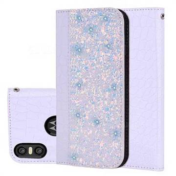Shiny Crocodile Pattern Stitching Magnetic Closure Flip Holster Shockproof Phone Case for Motorola One (P30 Play) - White Silver