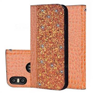 Shiny Crocodile Pattern Stitching Magnetic Closure Flip Holster Shockproof Phone Case for Motorola One (P30 Play) - Gold Orange