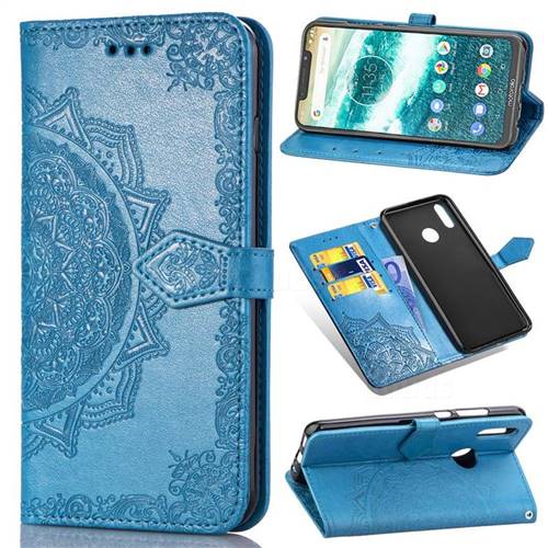 Embossing Imprint Mandala Flower Leather Wallet Case for Motorola One (P30 Play) - Blue