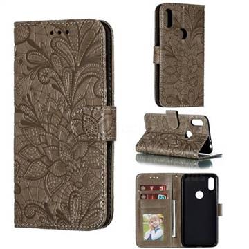 Intricate Embossing Lace Jasmine Flower Leather Wallet Case for Motorola One (P30 Play) - Gray