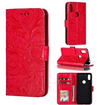 Intricate Embossing Lace Jasmine Flower Leather Wallet Case for Motorola One (P30 Play) - Red
