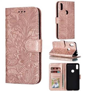 Intricate Embossing Lace Jasmine Flower Leather Wallet Case for Motorola One (P30 Play) - Rose Gold