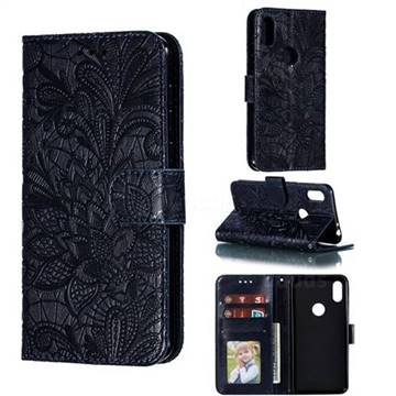 Intricate Embossing Lace Jasmine Flower Leather Wallet Case for Motorola One (P30 Play) - Dark Blue