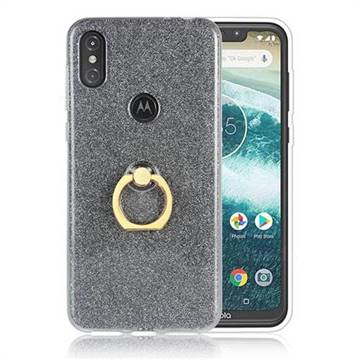 Luxury Soft TPU Glitter Back Ring Cover with 360 Rotate Finger Holder Buckle for Motorola One Power (P30 Note) - Black