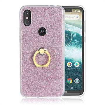 Luxury Soft TPU Glitter Back Ring Cover with 360 Rotate Finger Holder Buckle for Motorola One Power (P30 Note) - Pink
