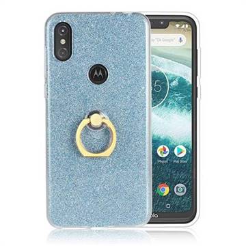 Luxury Soft TPU Glitter Back Ring Cover with 360 Rotate Finger Holder Buckle for Motorola One Power (P30 Note) - Blue