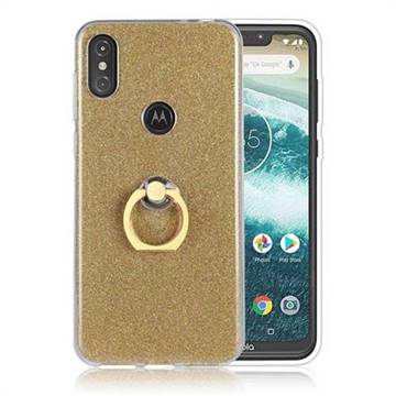 Luxury Soft TPU Glitter Back Ring Cover with 360 Rotate Finger Holder Buckle for Motorola One Power (P30 Note) - Golden