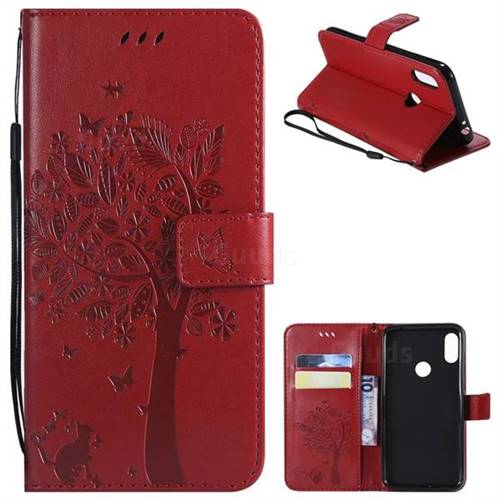 Embossing Butterfly Tree Leather Wallet Case for Motorola One Power (P30 Note) - Red