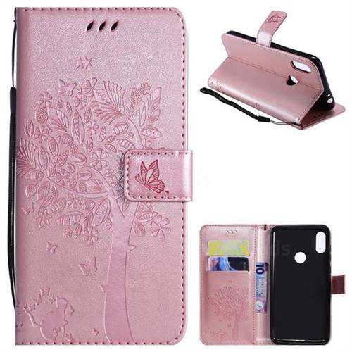 Embossing Butterfly Tree Leather Wallet Case for Motorola One Power (P30 Note) - Rose Pink