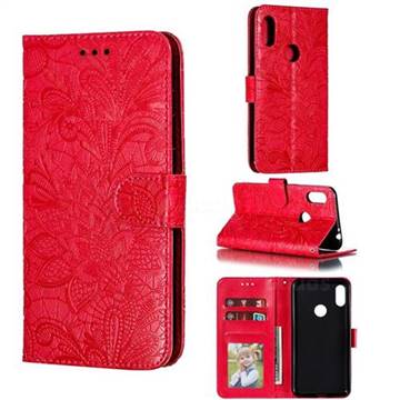 Intricate Embossing Lace Jasmine Flower Leather Wallet Case for Motorola One Power (P30 Note) - Red
