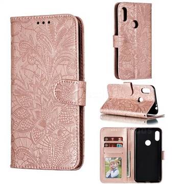 Intricate Embossing Lace Jasmine Flower Leather Wallet Case for Motorola One Power (P30 Note) - Rose Gold