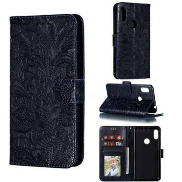 Intricate Embossing Lace Jasmine Flower Leather Wallet Case for Motorola One Power (P30 Note) - Dark Blue