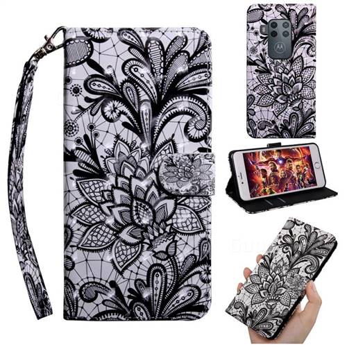 Black Lace Rose 3D Painted Leather Wallet Case for Motorola One Zoom