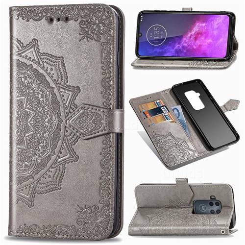 Embossing Imprint Mandala Flower Leather Wallet Case for Motorola One Zoom - Gray