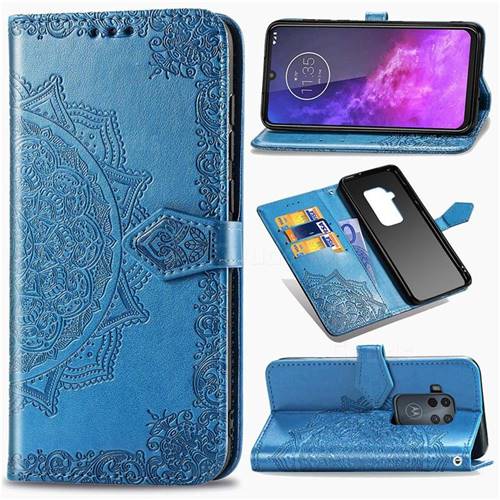 Embossing Imprint Mandala Flower Leather Wallet Case for Motorola One Zoom - Blue