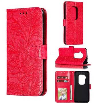 Intricate Embossing Lace Jasmine Flower Leather Wallet Case for Motorola One Zoom - Red
