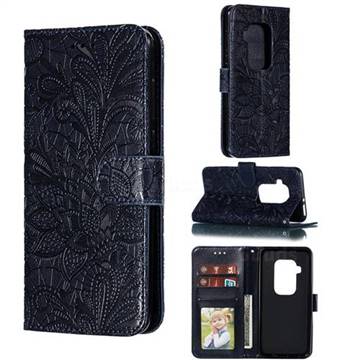 Intricate Embossing Lace Jasmine Flower Leather Wallet Case for Motorola One Zoom - Dark Blue