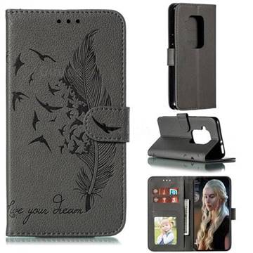 Intricate Embossing Lychee Feather Bird Leather Wallet Case for Motorola One Zoom - Gray