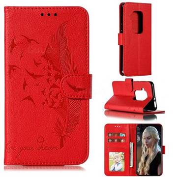 Intricate Embossing Lychee Feather Bird Leather Wallet Case for Motorola One Zoom - Red