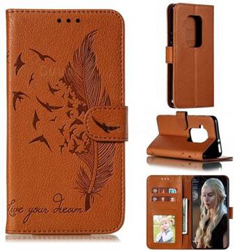 Intricate Embossing Lychee Feather Bird Leather Wallet Case for Motorola One Zoom - Brown