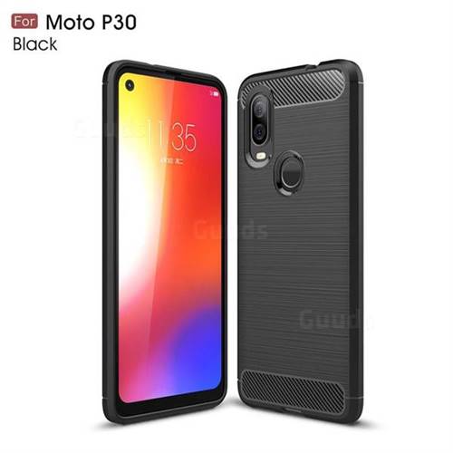 Luxury Carbon Fiber Brushed Wire Drawing Silicone TPU Back Cover for Motorola Moto P40 - Black