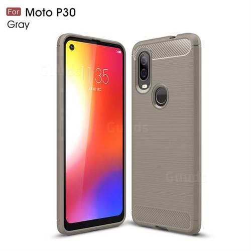 Luxury Carbon Fiber Brushed Wire Drawing Silicone TPU Back Cover for Motorola Moto P40 - Gray