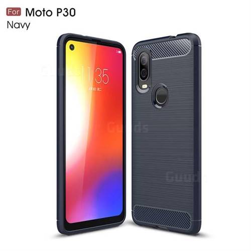 Luxury Carbon Fiber Brushed Wire Drawing Silicone TPU Back Cover for Motorola Moto P40 - Navy