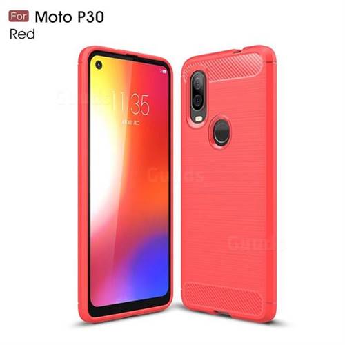 Luxury Carbon Fiber Brushed Wire Drawing Silicone TPU Back Cover for Motorola Moto P40 - Red
