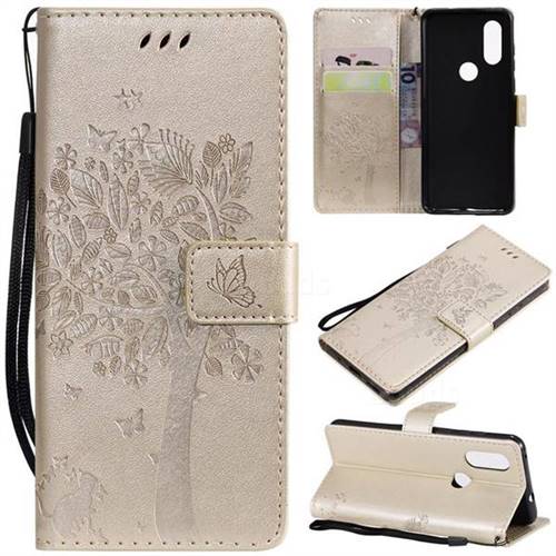 Embossing Butterfly Tree Leather Wallet Case for Motorola Moto P40 - Champagne