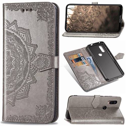 Embossing Imprint Mandala Flower Leather Wallet Case for Motorola Moto P40 - Gray