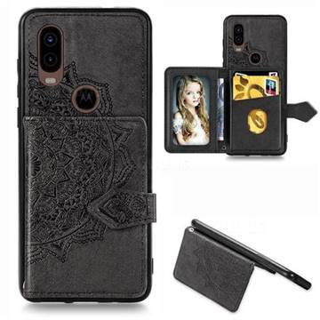 Mandala Flower Cloth Multifunction Stand Card Leather Phone Case for Motorola Moto P40 - Black