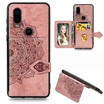 Mandala Flower Cloth Multifunction Stand Card Leather Phone Case for Motorola Moto P40 - Rose Gold