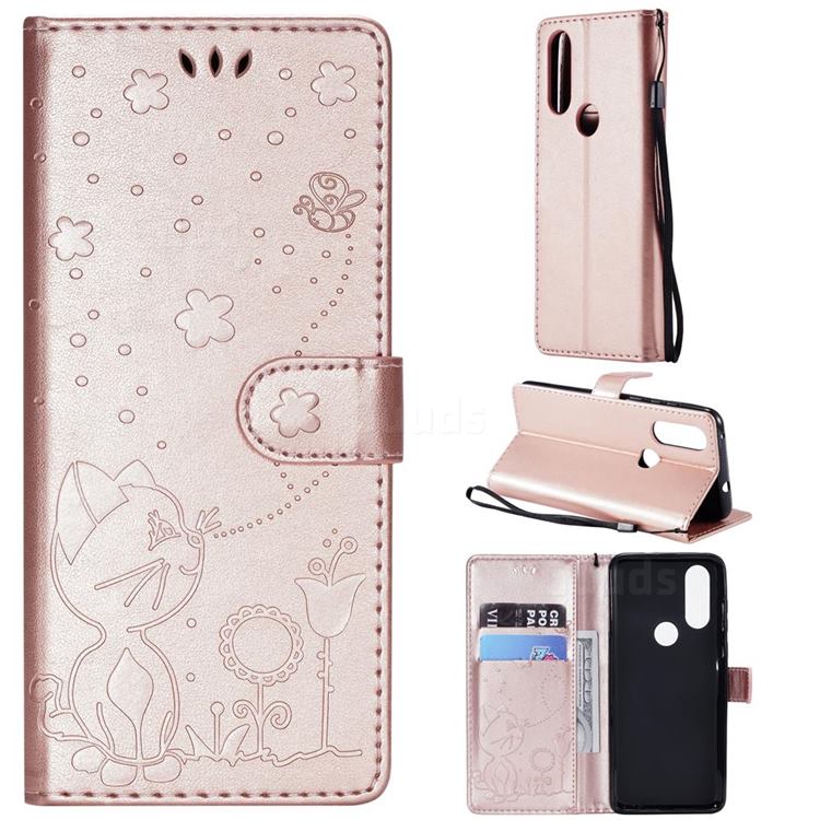 Embossing Bee and Cat Leather Wallet Case for Motorola Moto P40 - Rose Gold