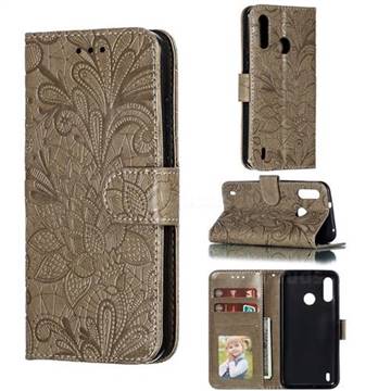 Intricate Embossing Lace Jasmine Flower Leather Wallet Case for Motorola Moto P40 Power - Gray