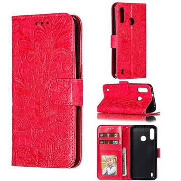 Intricate Embossing Lace Jasmine Flower Leather Wallet Case for Motorola Moto P40 Power - Red