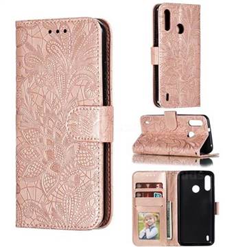 Intricate Embossing Lace Jasmine Flower Leather Wallet Case for Motorola Moto P40 Power - Rose Gold