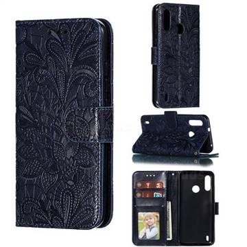 Intricate Embossing Lace Jasmine Flower Leather Wallet Case for Motorola Moto P40 Power - Dark Blue