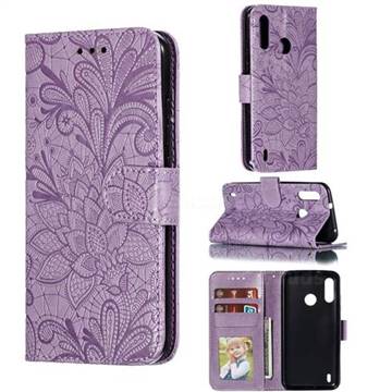 Intricate Embossing Lace Jasmine Flower Leather Wallet Case for Motorola Moto P40 Power - Purple