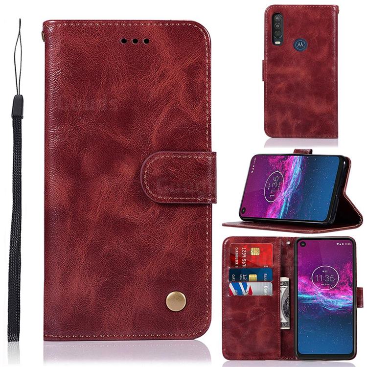 Luxury Retro Leather Wallet Case for Motorola Moto P40 Power - Wine Red